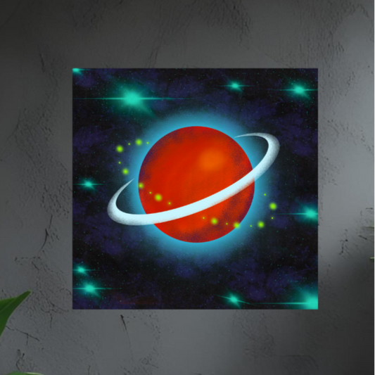 Framed artwork of a orange planet with a ring on a dark background