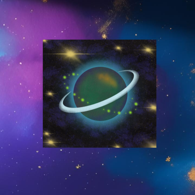 Space-themed wall art with a planet and stars on a cosmic background, above a bed.