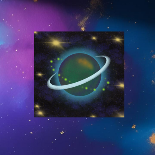 Space-themed wall art with a planet and stars on a cosmic background, above a bed.