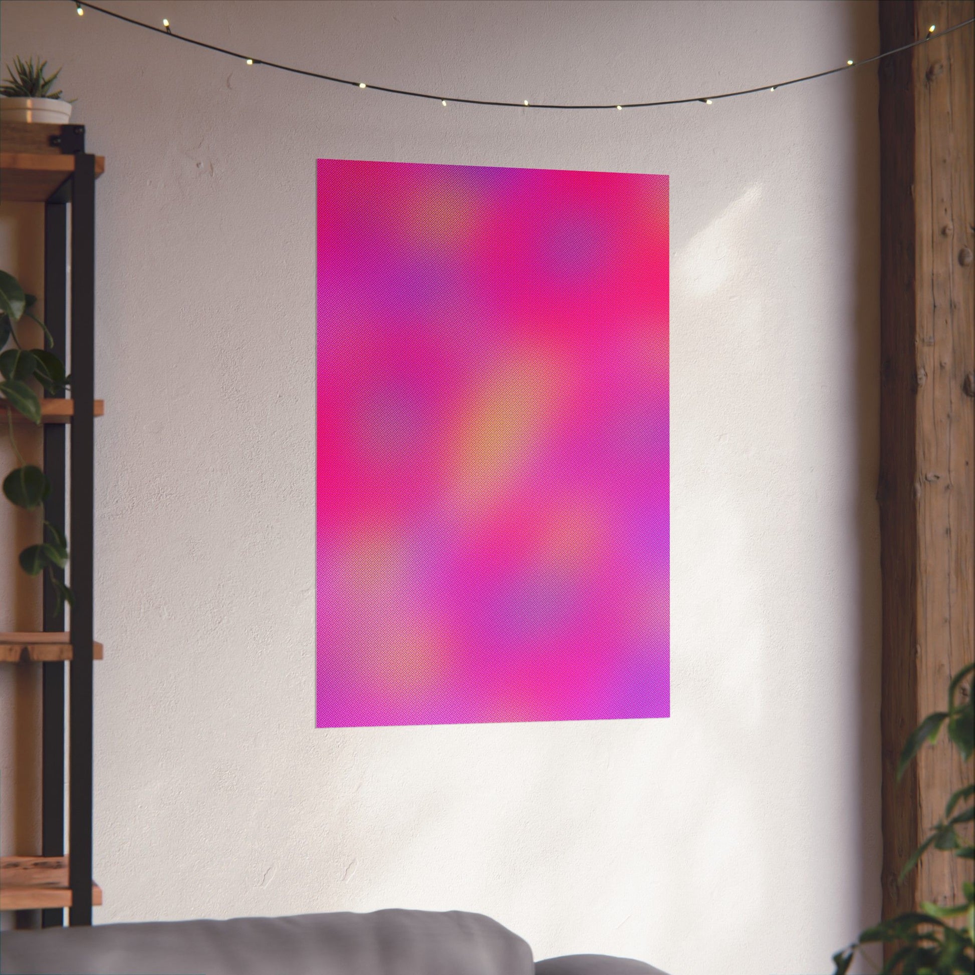 Pink abstract gradient wall art with warm tones and smooth color transitions, modern vibey poster in a neutral interior space.
