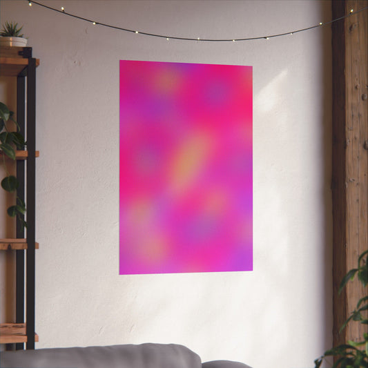 Pink abstract gradient wall art with warm tones and smooth color transitions, modern vibey poster in a neutral interior space.