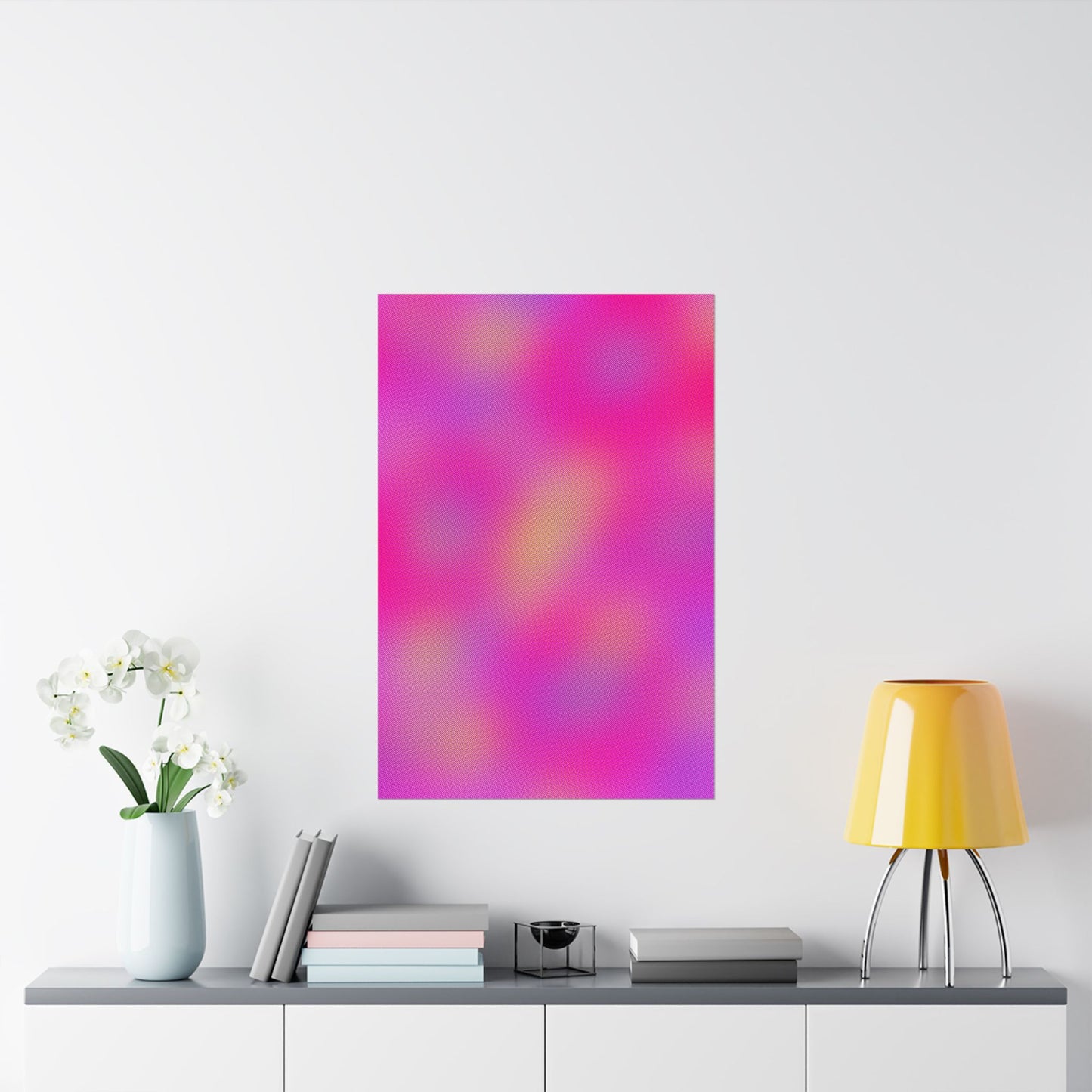 Pink abstract gradient wall art with warm tones and smooth color transitions, modern vibey poster in a neutral interior space.