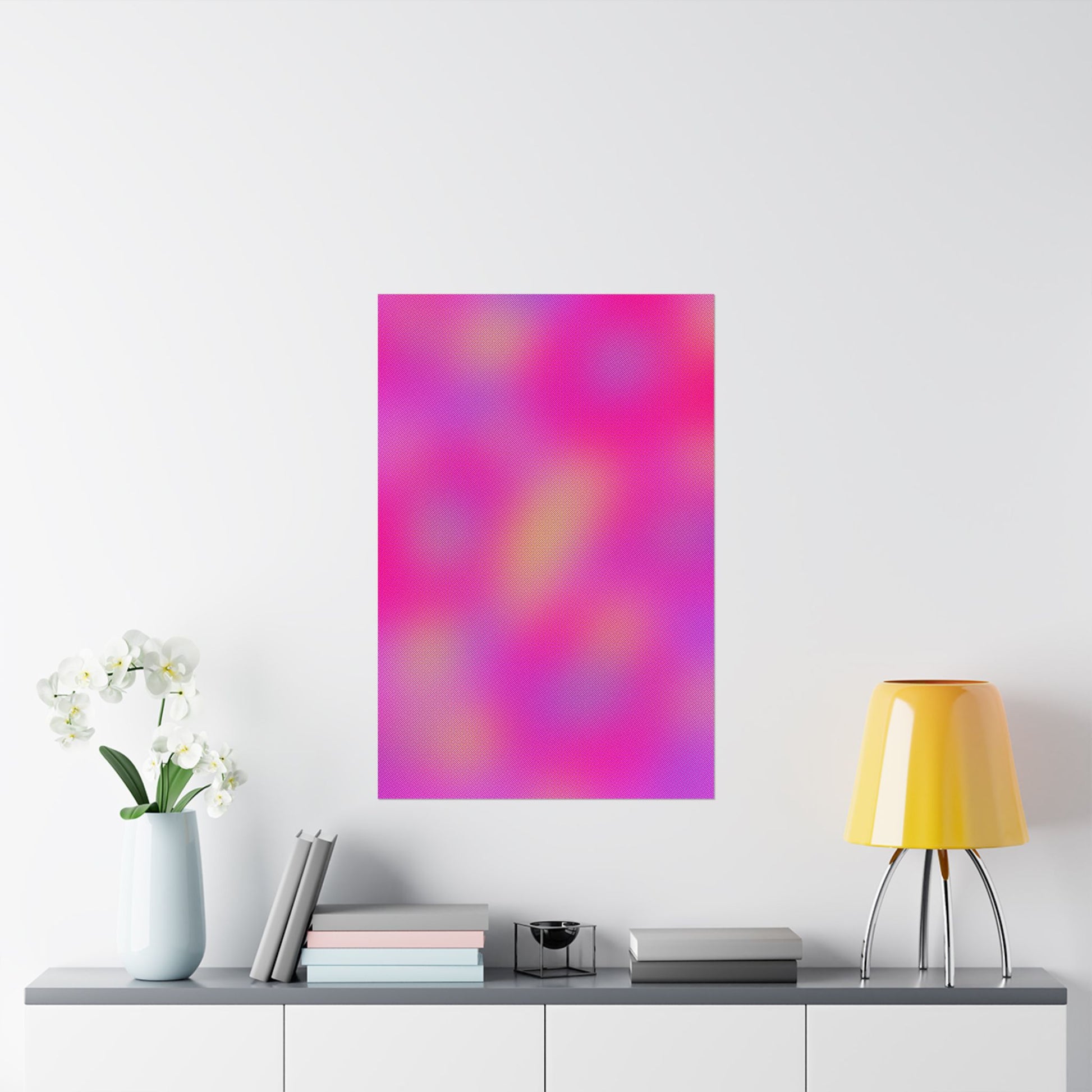 Pink abstract gradient wall art with warm tones and smooth color transitions, modern vibey poster in a neutral interior space.