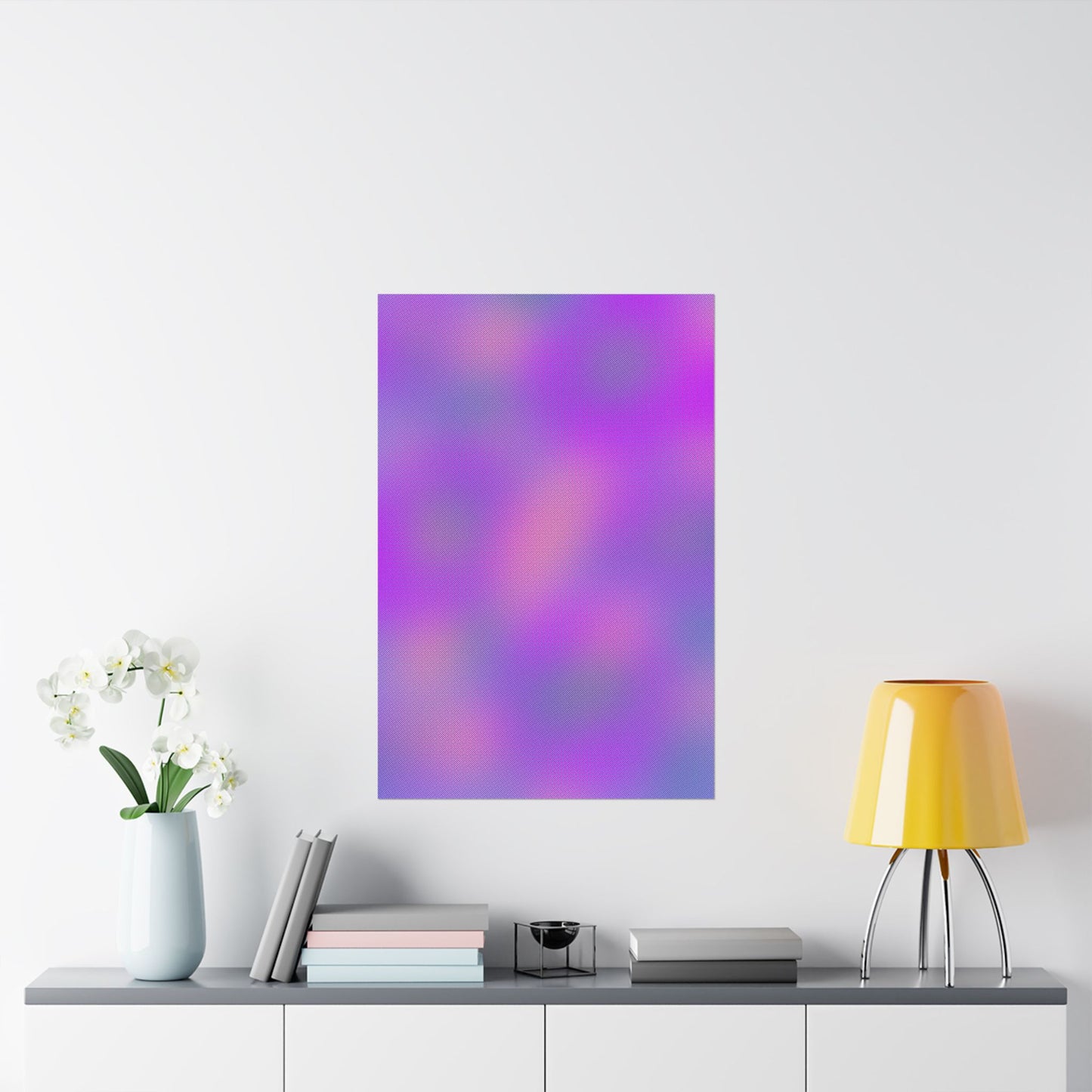 Purple abstract gradient wall art with blended cool tones and subtle texture, modern vibey poster styled in a calm interior.
