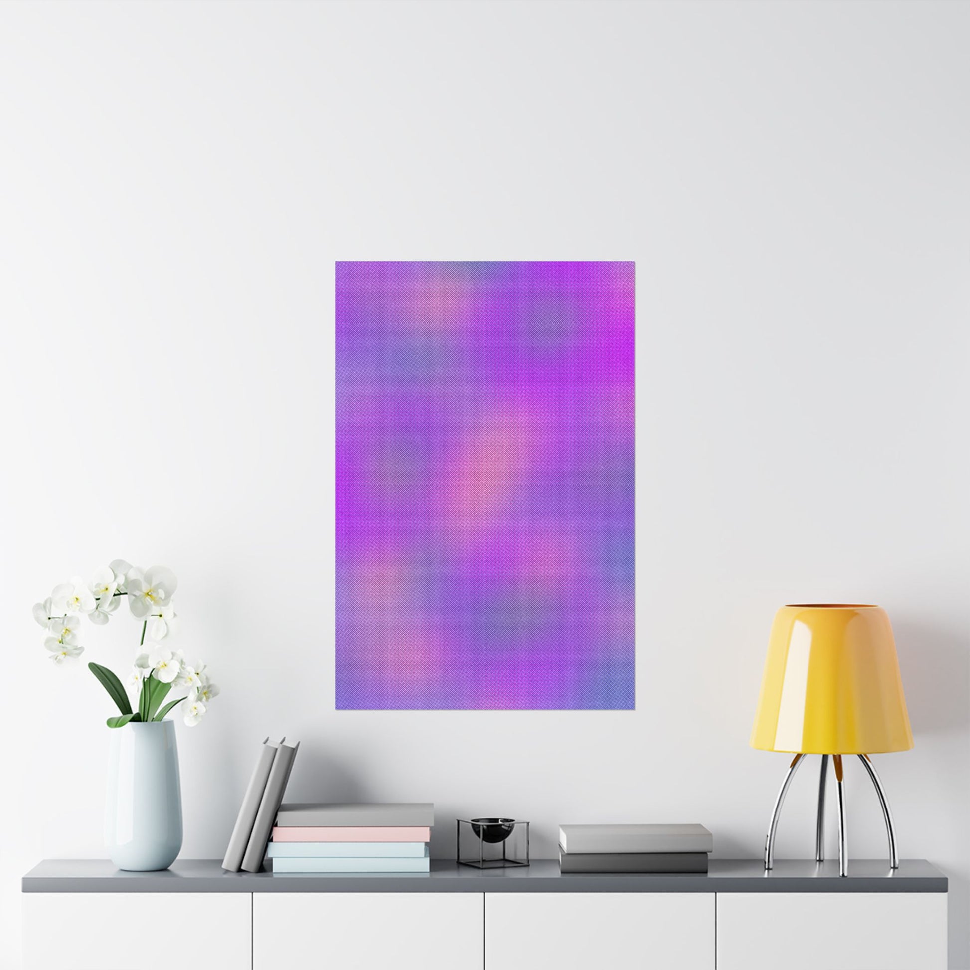 Purple abstract gradient wall art with blended cool tones and subtle texture, modern vibey poster styled in a calm interior.