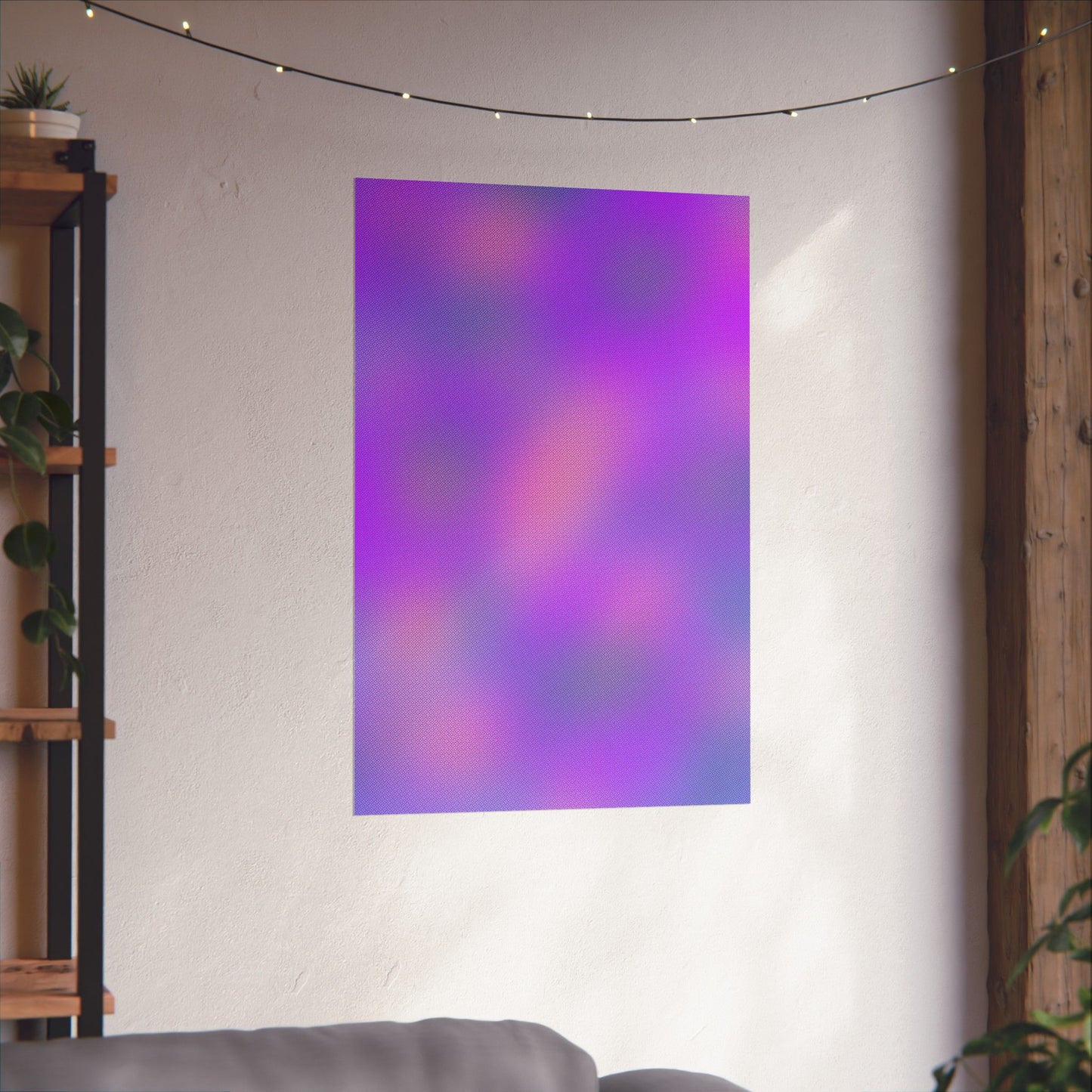 Purple abstract gradient wall art with blended cool tones and subtle texture, modern vibey poster styled in a calm interior.